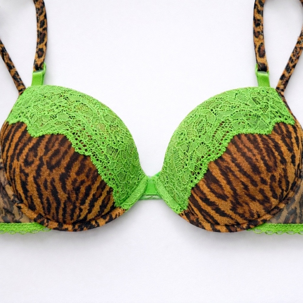 Y2K Intimissimi Tiger Print Lace Bra | Neon Green Lace | 36B